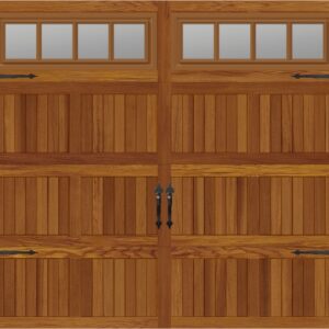8' x 7' Stamped Carriage House door, Insulated with clear windows, Accent woodtone color